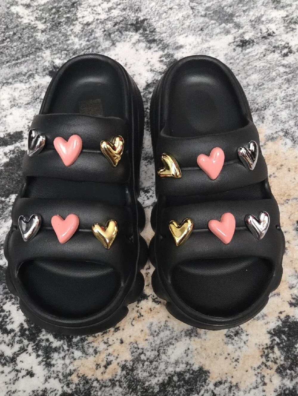 Black Chunky Heart Charm Slide Sandals EU 39-40